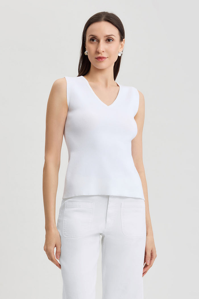 Family Savvy V-Neck Soft Knit Tank, White, White | Ming Wang