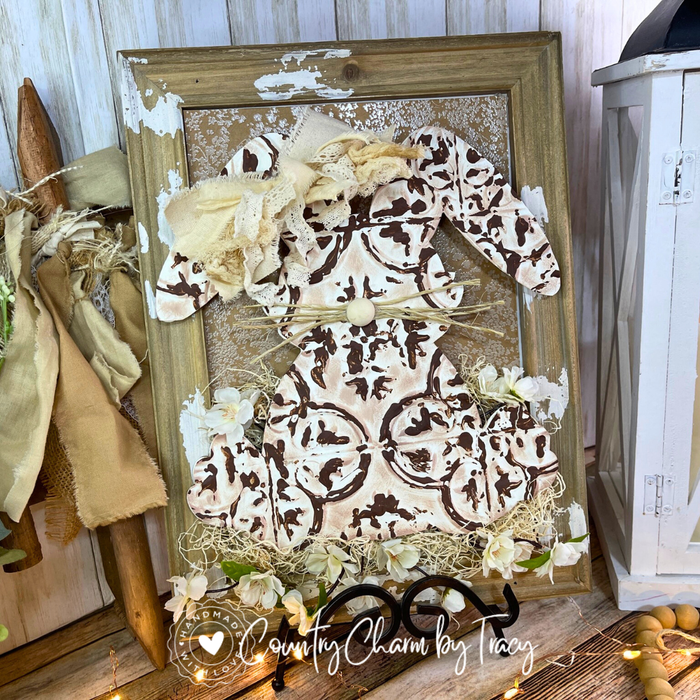 Farmhouse Tin Bunny Decor on a Rustic Frame