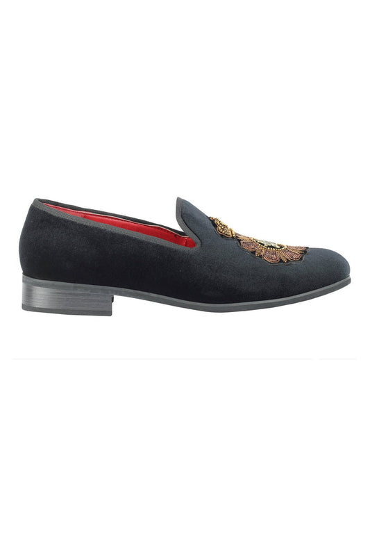 FAUX LEATHER EMBROIDERED VELVET LOAFERS IN BLACK