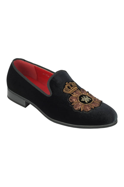 FAUX LEATHER EMBROIDERED VELVET LOAFERS IN BLACK