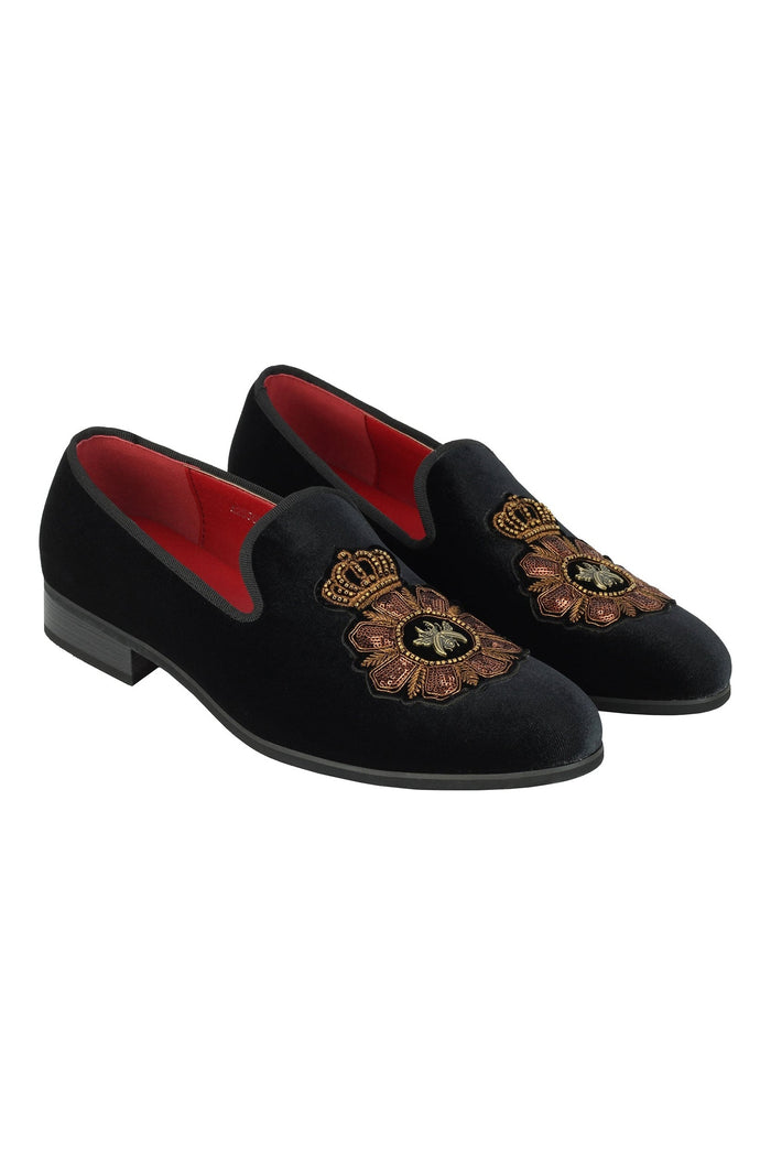 FAUX LEATHER EMBROIDERED VELVET LOAFERS IN BLACK