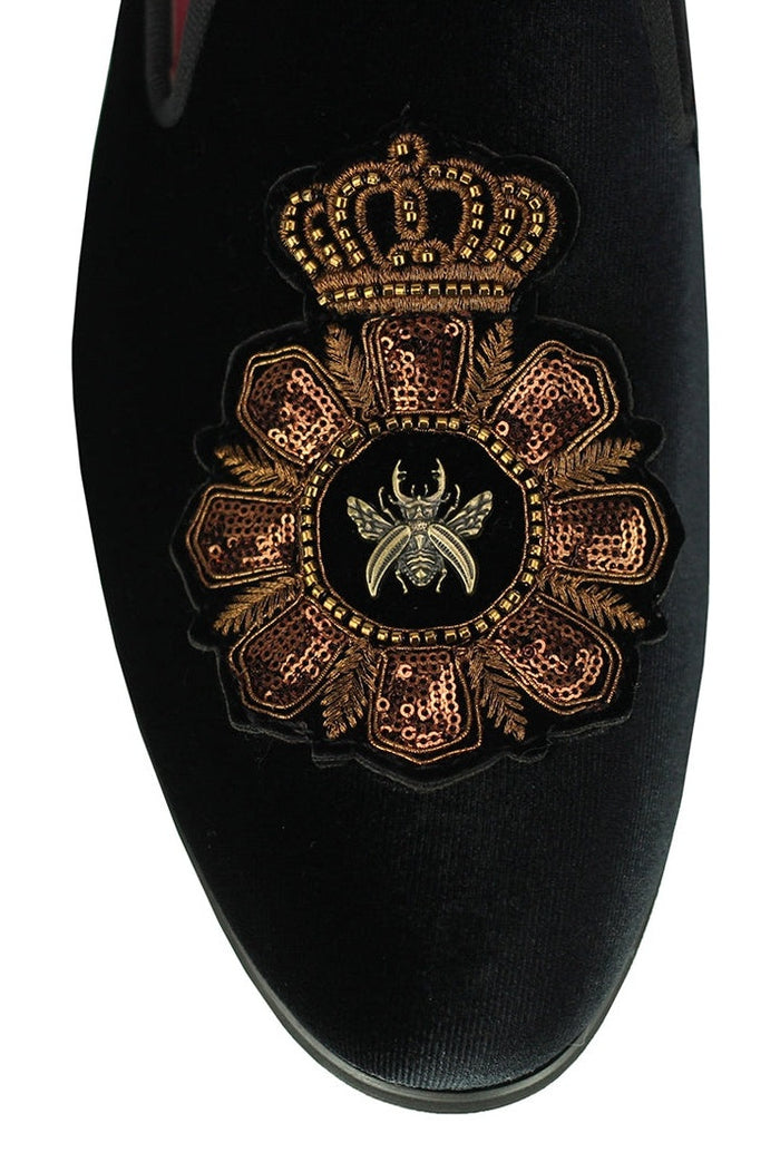 FAUX LEATHER EMBROIDERED VELVET LOAFERS IN BLACK