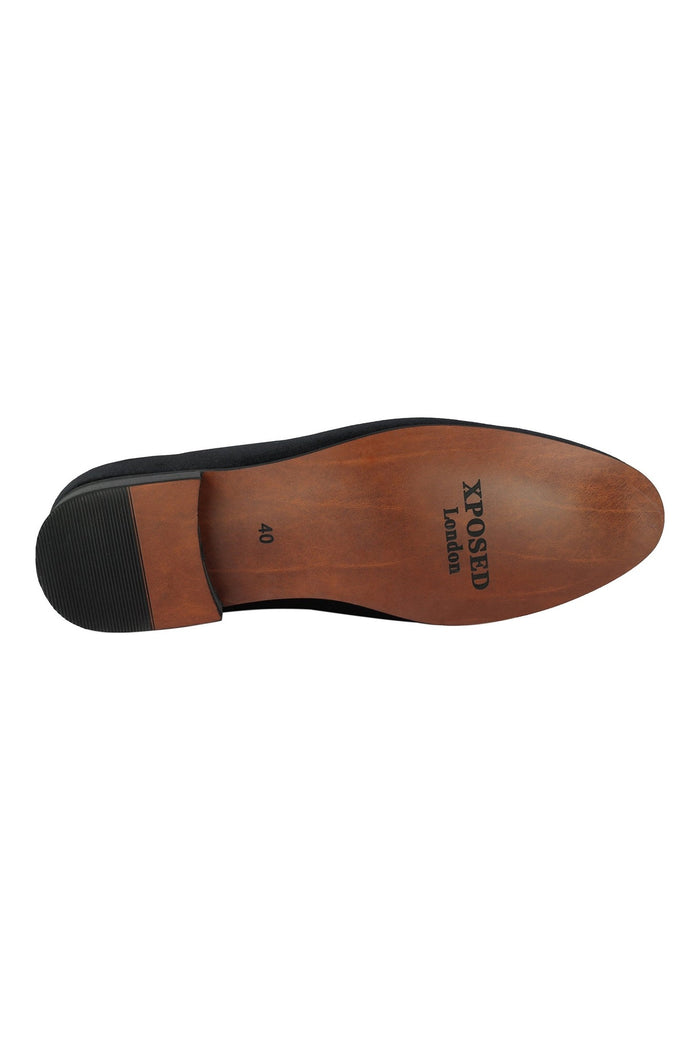 FAUX LEATHER EMBROIDERED VELVET LOAFERS IN BLACK