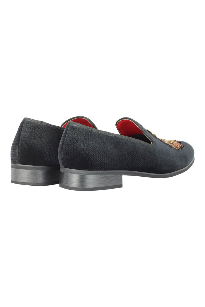 FAUX LEATHER EMBROIDERED VELVET LOAFERS IN BLACK