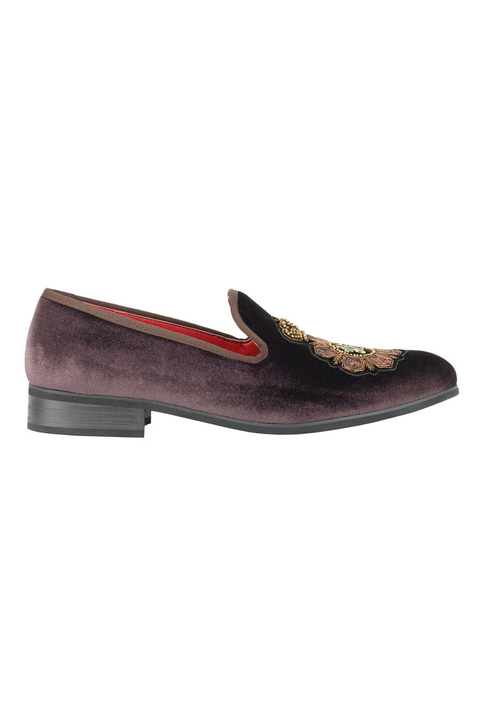 FAUX LEATHER EMBROIDERED VELVET LOAFERS IN BROWN
