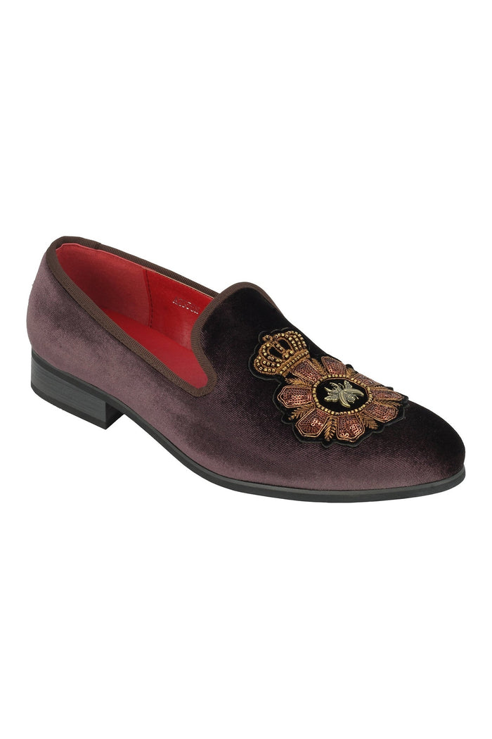 FAUX LEATHER EMBROIDERED VELVET LOAFERS IN BROWN