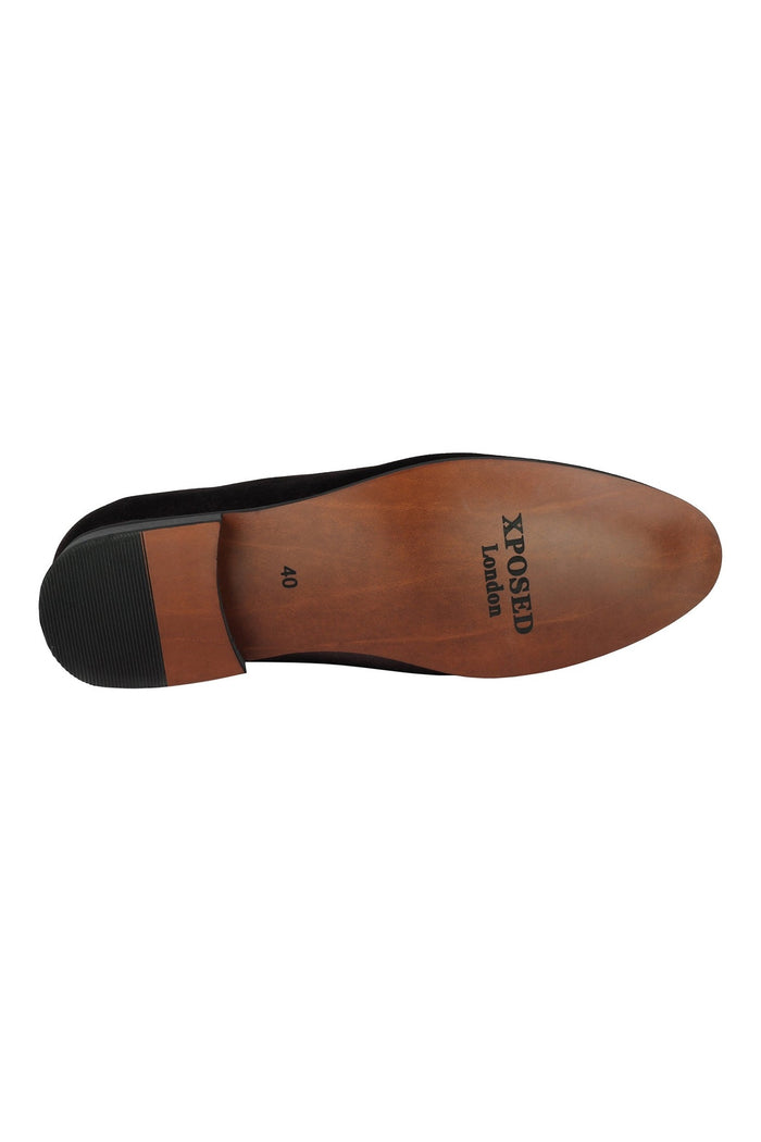 FAUX LEATHER EMBROIDERED VELVET LOAFERS IN BROWN