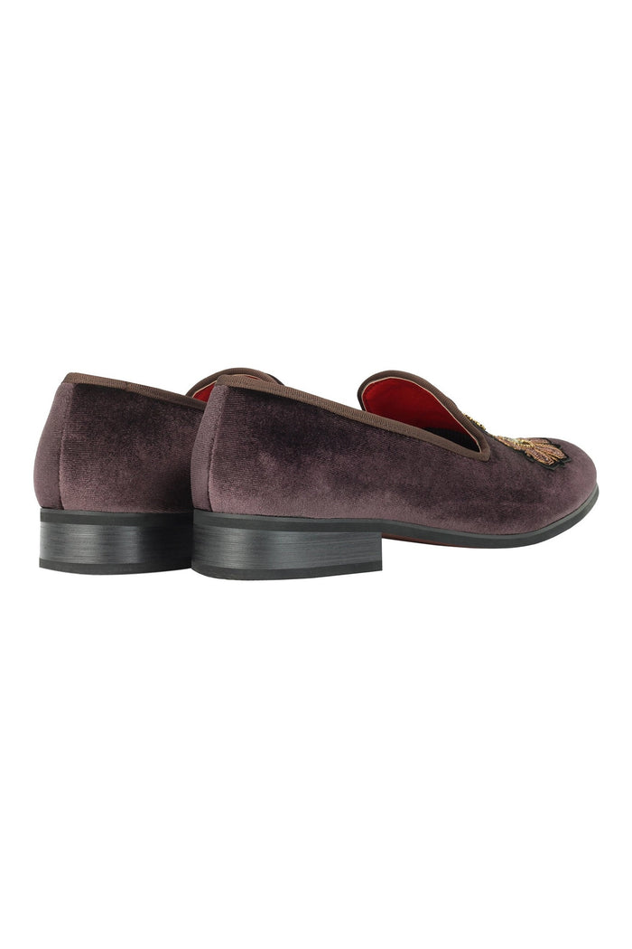 FAUX LEATHER EMBROIDERED VELVET LOAFERS IN BROWN