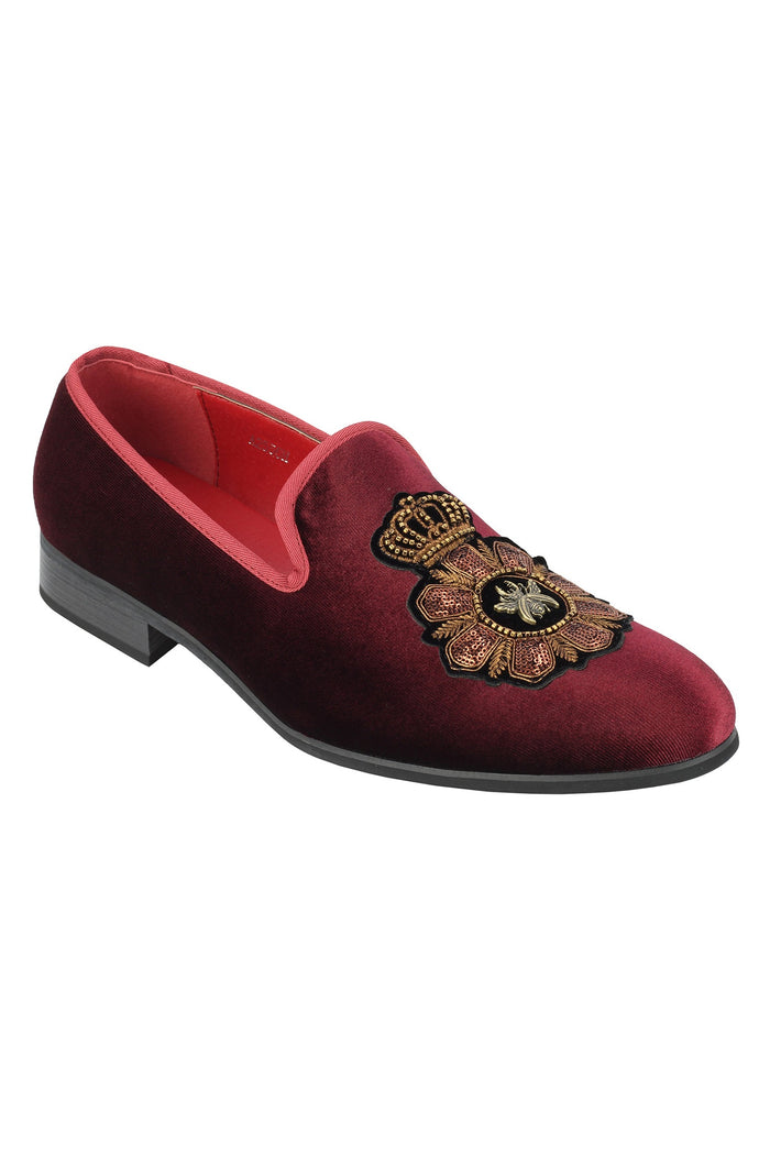 FAUX LEATHER EMBROIDERED VELVET LOAFERS IN MAROON