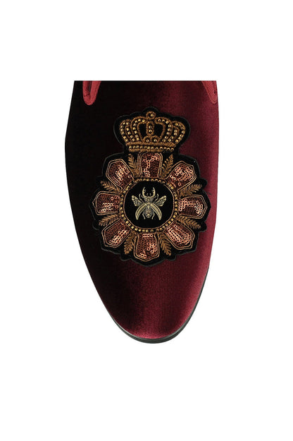 FAUX LEATHER EMBROIDERED VELVET LOAFERS IN MAROON