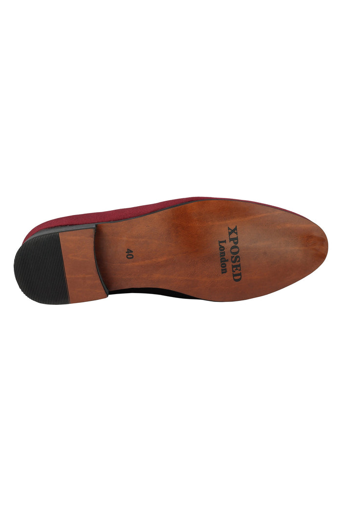 FAUX LEATHER EMBROIDERED VELVET LOAFERS IN MAROON