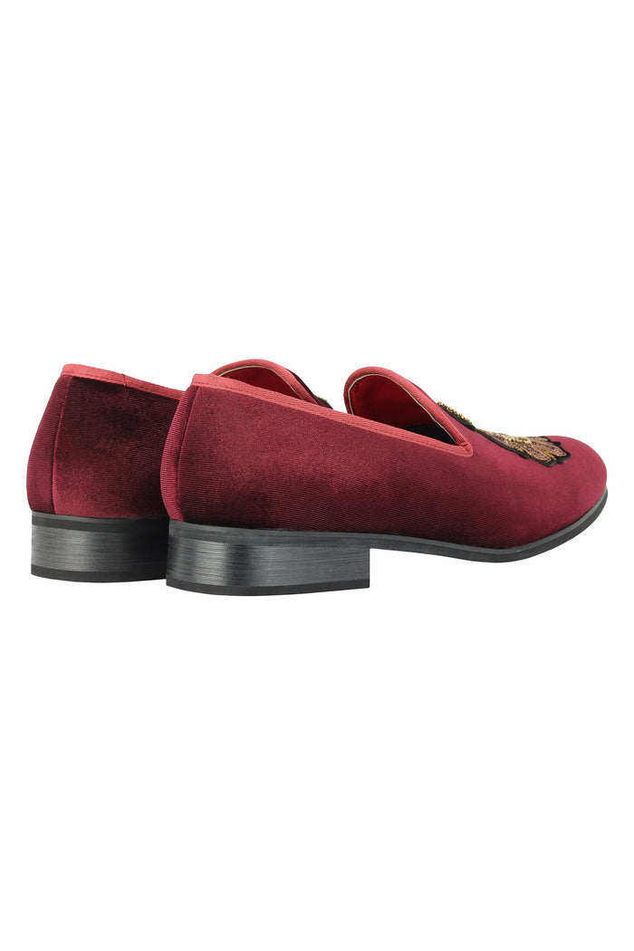 FAUX LEATHER EMBROIDERED VELVET LOAFERS IN MAROON