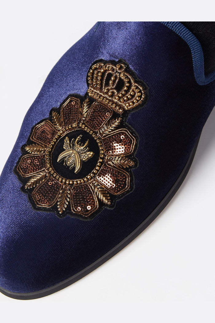 FAUX LEATHER EMBROIDERED VELVET LOAFERS IN NAVY