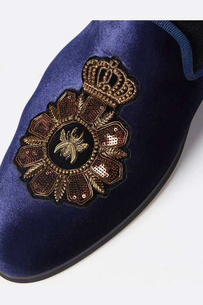 FAUX LEATHER EMBROIDERED VELVET LOAFERS IN NAVY