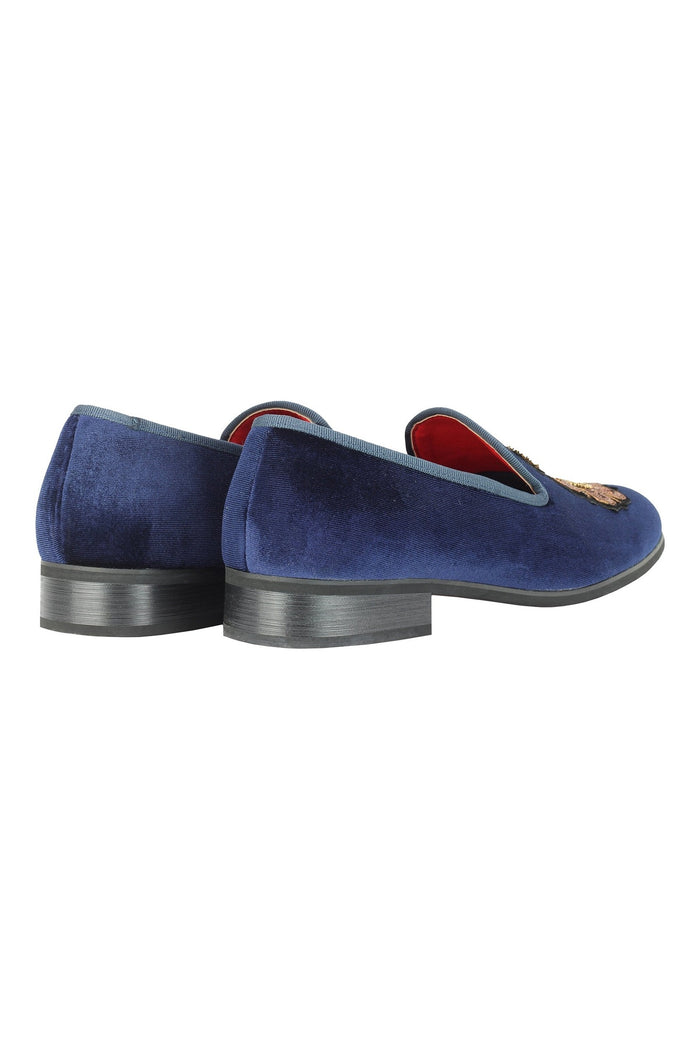 FAUX LEATHER EMBROIDERED VELVET LOAFERS IN NAVY