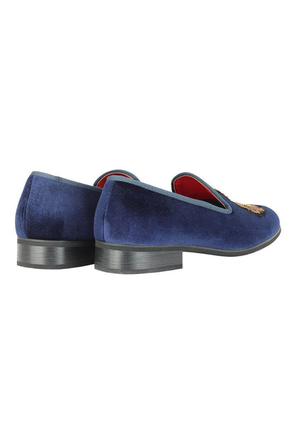 FAUX LEATHER EMBROIDERED VELVET LOAFERS IN NAVY
