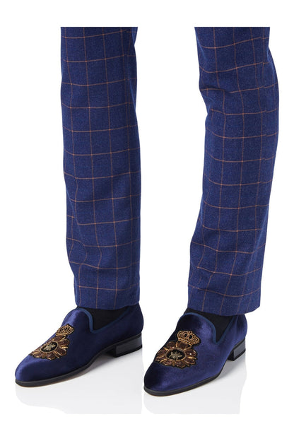 FAUX LEATHER EMBROIDERED VELVET LOAFERS IN NAVY