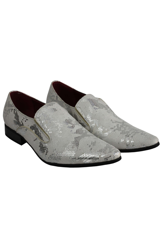 FAUX LEATHER LINED METALLIC PRINT WHITE LOAFERS