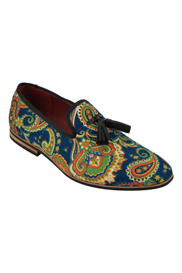 FAUX LEATHER PAISLEY PRINT TASSEL LOAFER IN BLUE