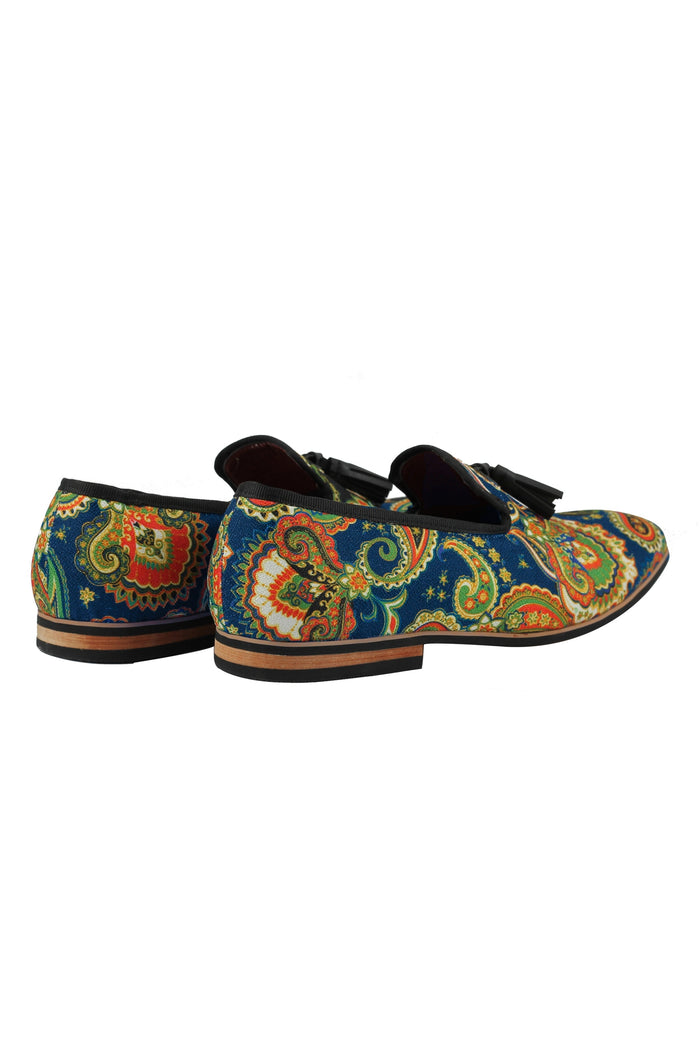 FAUX LEATHER PAISLEY PRINT TASSEL LOAFER IN BLUE