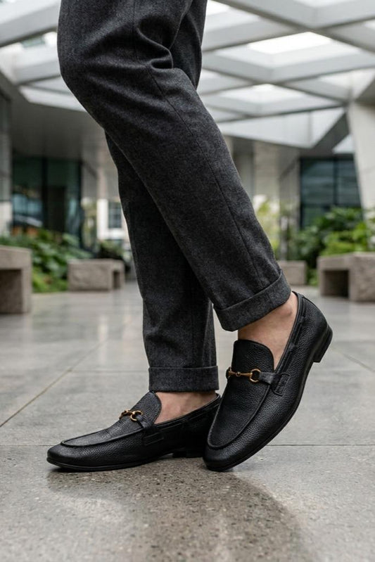 FAZIO Men’s Black Soft Grain Genuine Leather Snaffle Bit Loafers