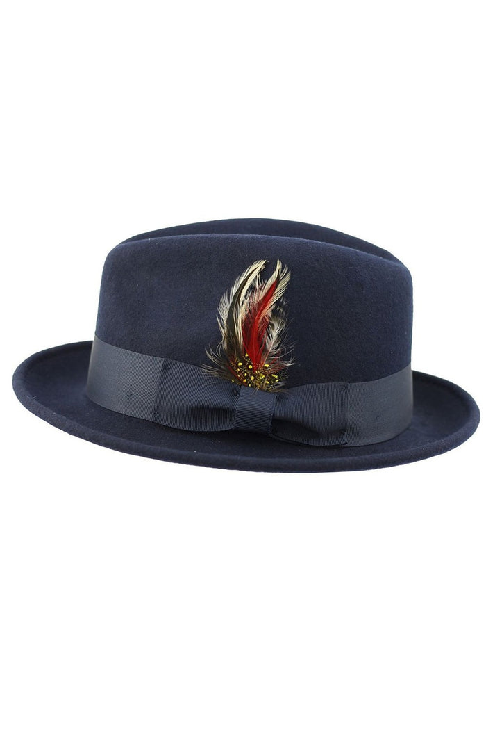Feather Navy Hat 100% Felt Wool Crushable Fedora Brim - CC308