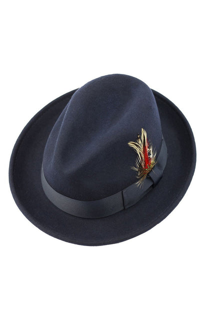 Feather Navy Hat 100% Felt Wool Crushable Fedora Brim - CC308