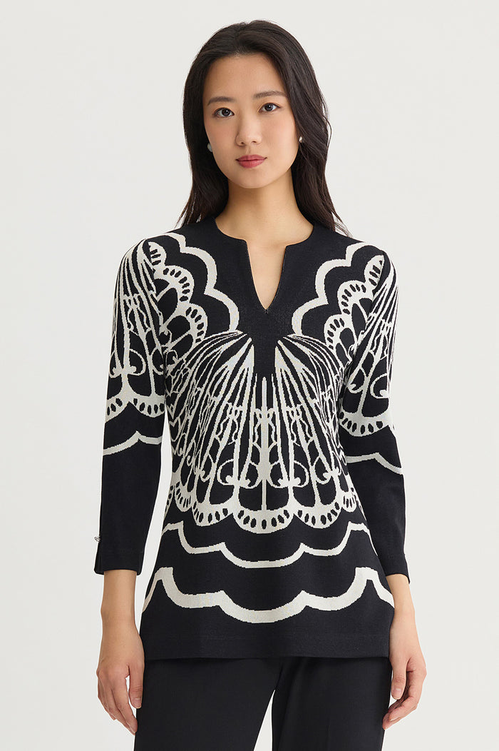 Feminine Soft Jacquard Knit Tunic, Black/Ivory | Ming Wang