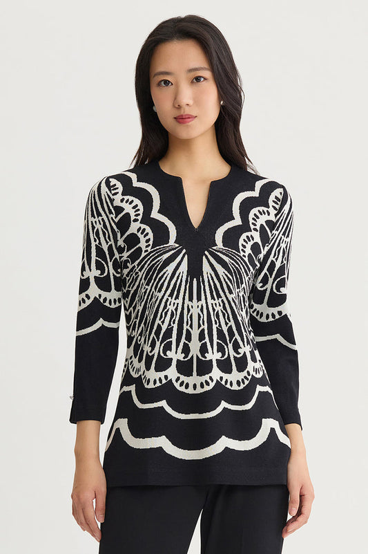 Feminine Soft Jacquard Knit Tunic, Black/Ivory | Ming Wang