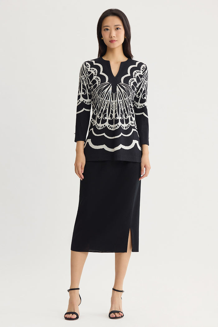 Feminine Soft Jacquard Knit Tunic, Black/Ivory | Ming Wang