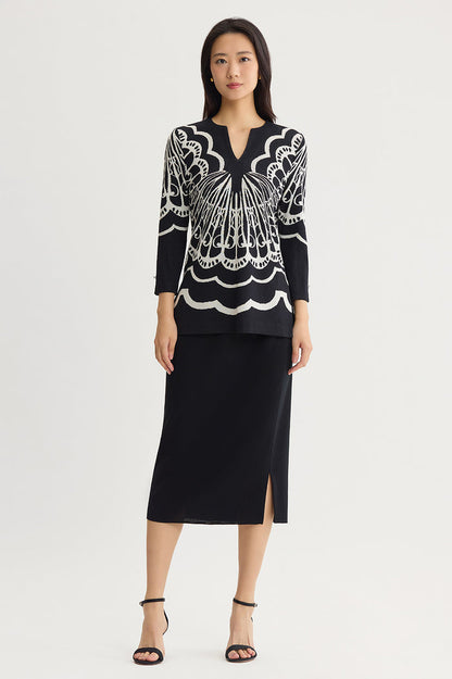 Feminine Soft Jacquard Knit Tunic, Black/Ivory | Ming Wang