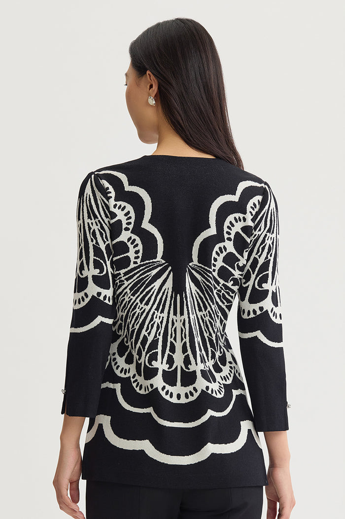 Feminine Soft Jacquard Knit Tunic, Black/Ivory | Ming Wang