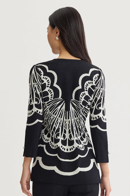 Feminine Soft Jacquard Knit Tunic, Black/Ivory | Ming Wang