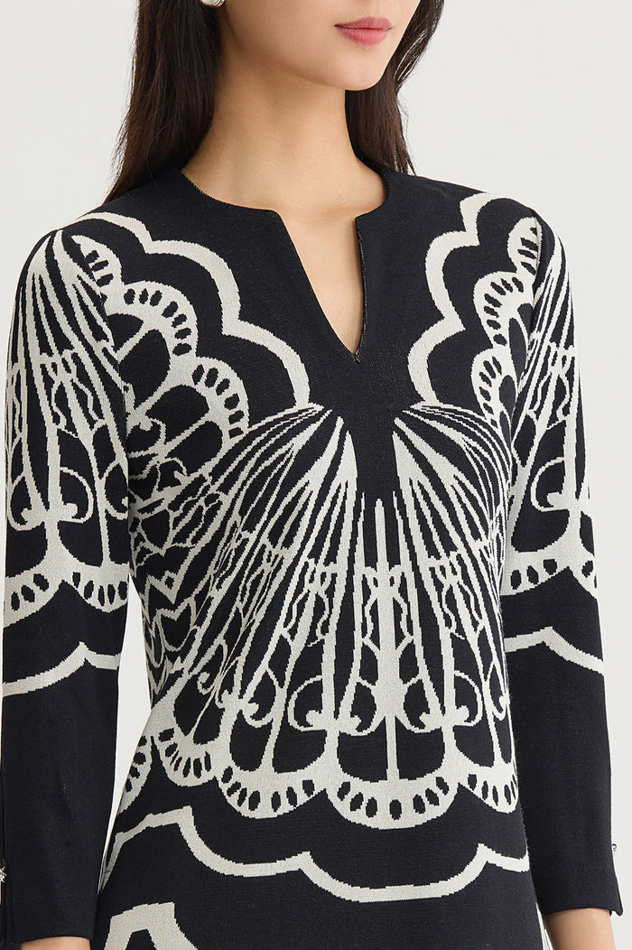 Feminine Soft Jacquard Knit Tunic, Black/Ivory | Ming Wang