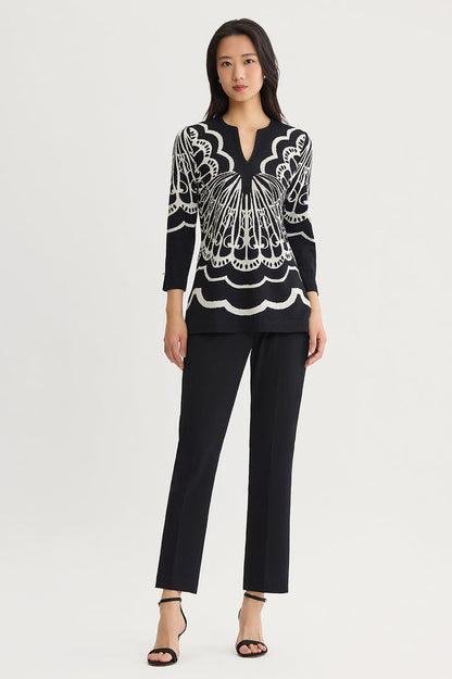Feminine Soft Jacquard Knit Tunic, Black/Ivory | Ming Wang