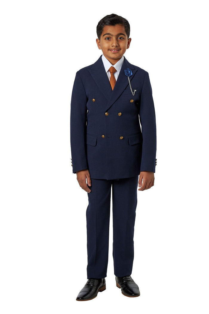 Boys Navy Check Double Breasted Suit – 2 Piece Formal Outfit