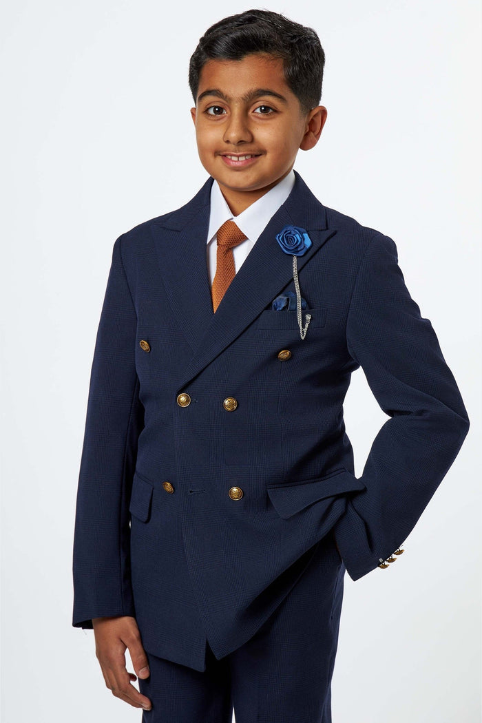 Boys Navy Check Double Breasted Suit – 2 Piece Formal Outfit