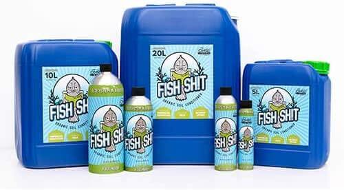 Blue jugs and bottles of Fish Shit organic soil conditioner in various sizes, from 5L to 20L containers.