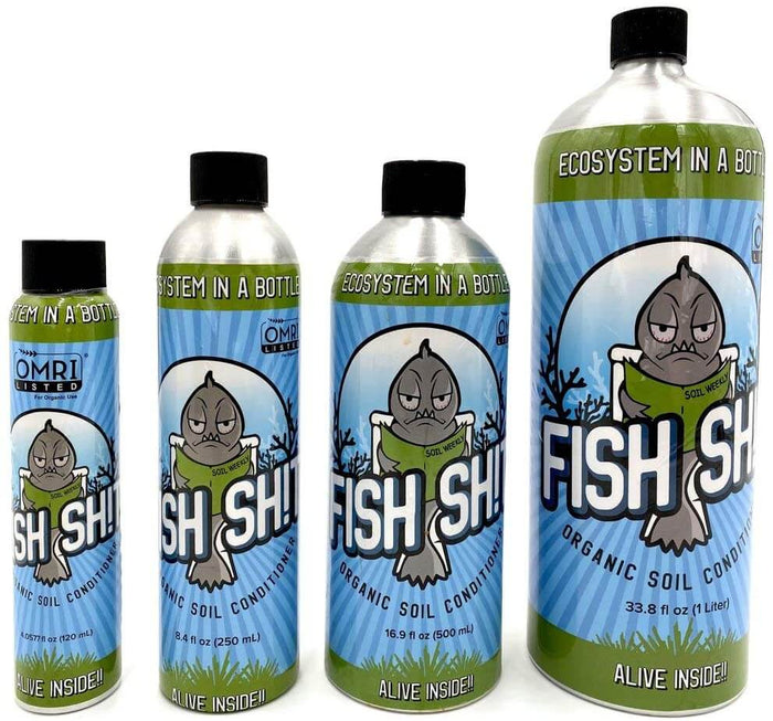 Four bottles of Fish Shit organic soil conditioner in sizes from 120ml to 1 liter with blue labels and a mascot.