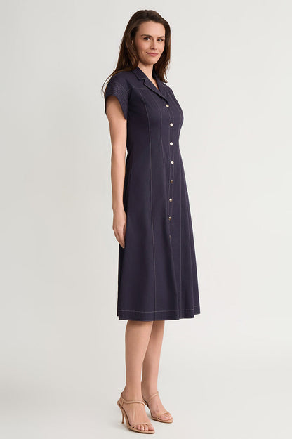 Fit-N-Flare Contrast Stitch Cotton Maxi Dress, Indigo/White | Ming Wang