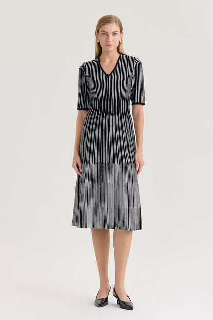 Fit-N-Flare Linear Soft Knit Midi Dress, Black/White | Ming Wang