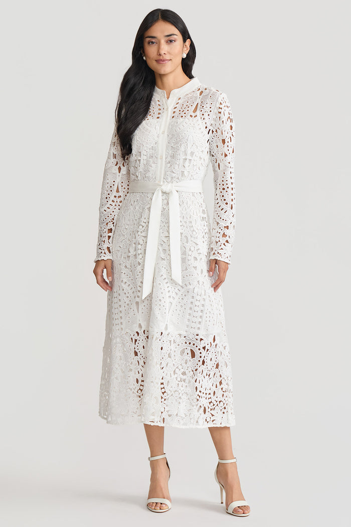 Fit-N-Flare Lined Laced Midi Dress, White | Ming Wang