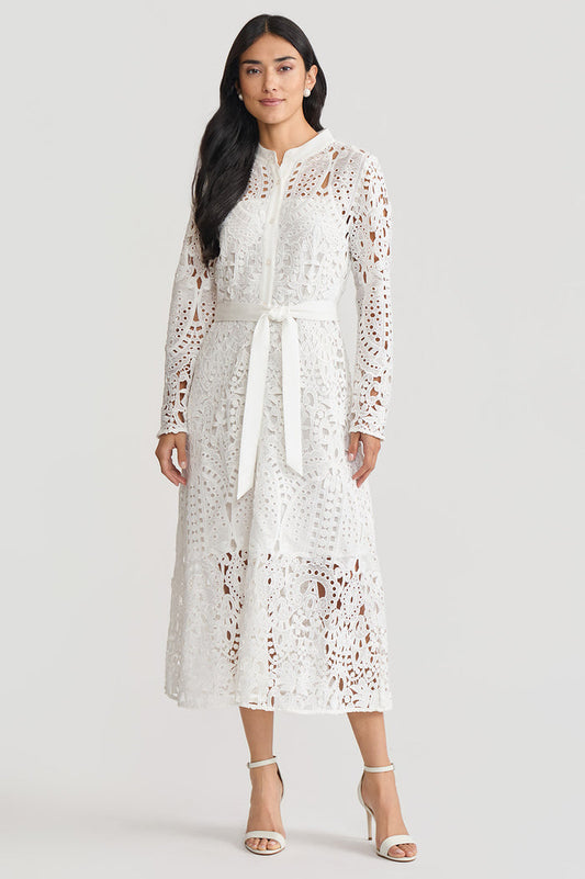 Fit-N-Flare Lined Laced Midi Dress, White | Ming Wang