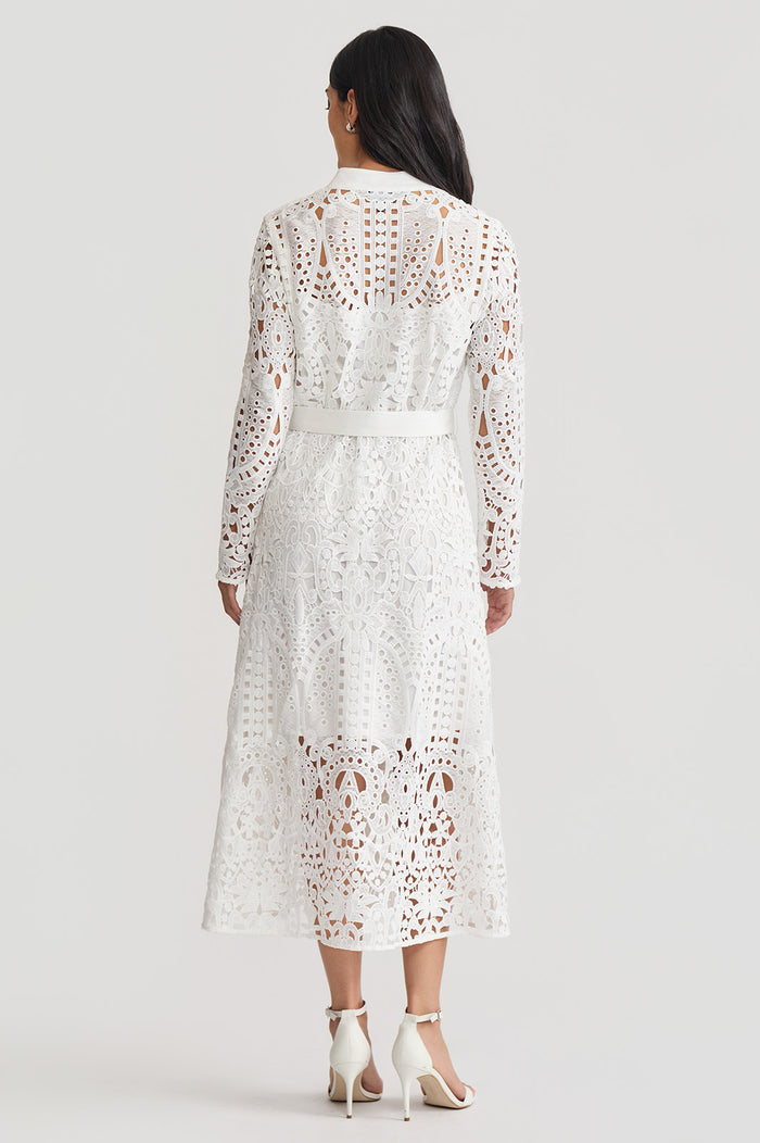 Fit-N-Flare Lined Laced Midi Dress, White | Ming Wang
