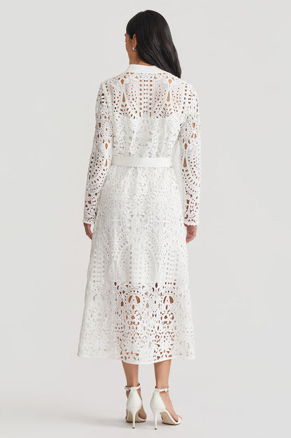 Fit-N-Flare Lined Laced Midi Dress, White | Ming Wang