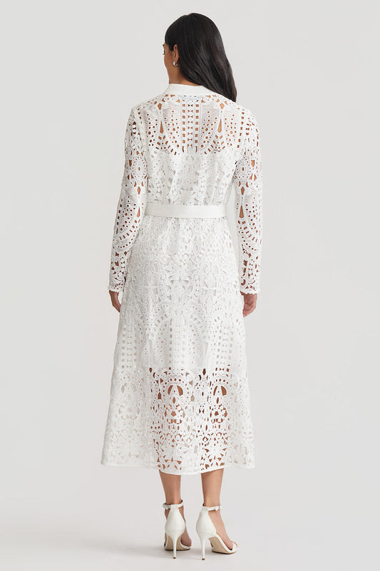 Fit-N-Flare Lined Laced Midi Dress, White | Ming Wang