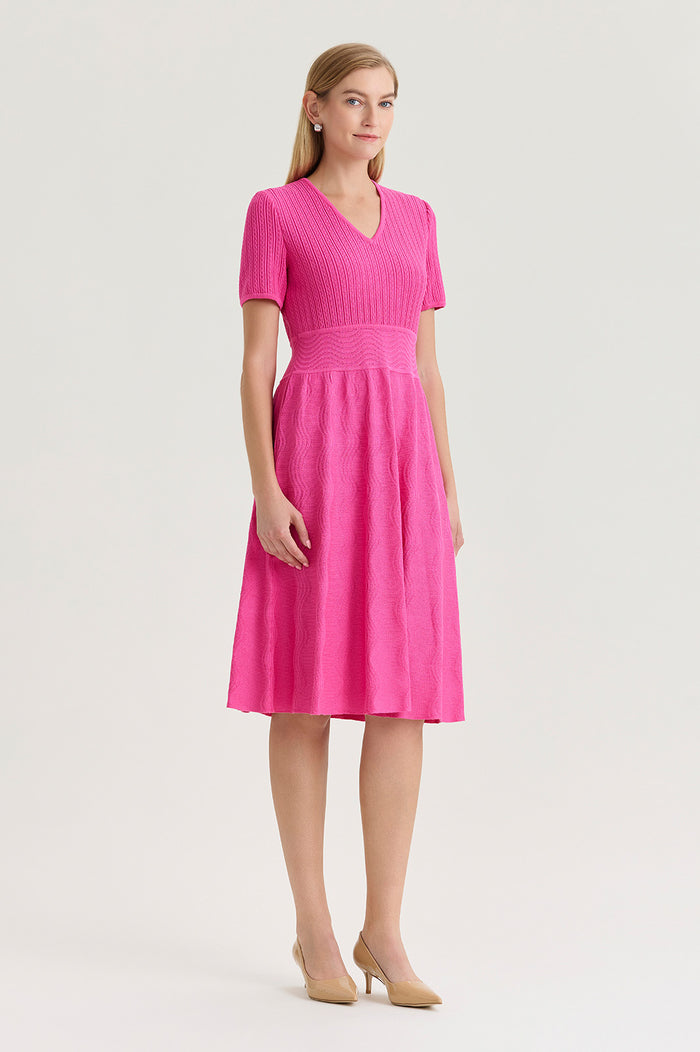 Fit-N-Flare Multi-Stitch Soft Knit Dress, Carmine Rose | Ming Wang