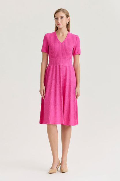 Fit-N-Flare Multi-Stitch Soft Knit Dress, Carmine Rose | Ming Wang