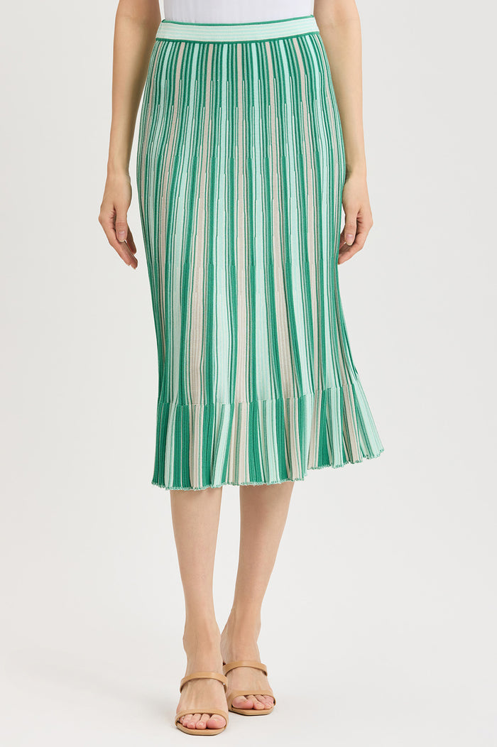 Flared Flounce Soft Knit Midi Skirt, Kelly Green/Eucalyptus/Ivory | Ming Wang