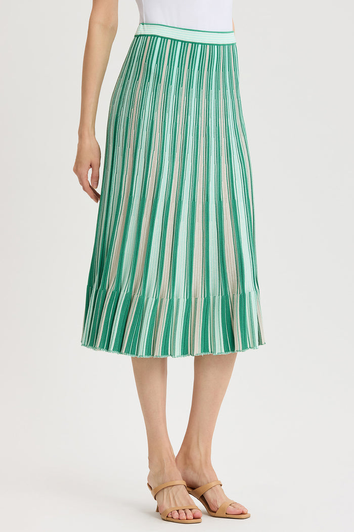 Flared Flounce Soft Knit Midi Skirt, Kelly Green/Eucalyptus/Ivory | Ming Wang